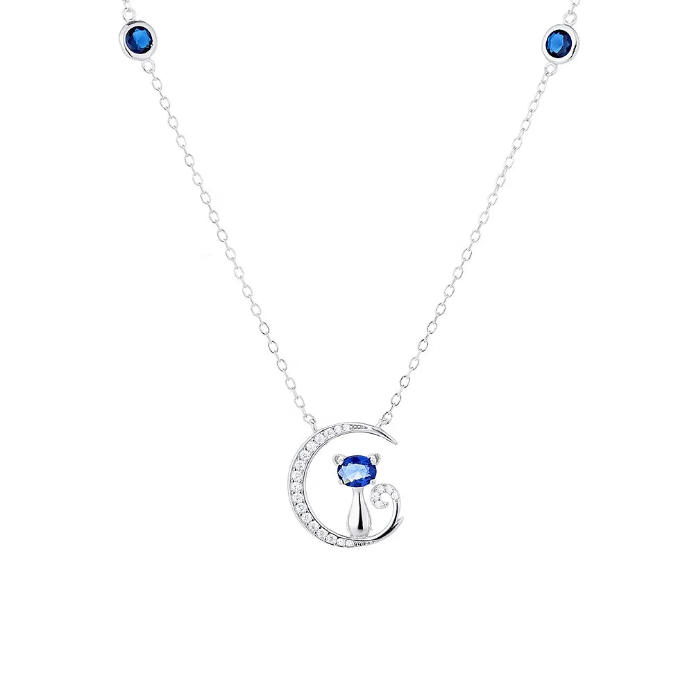 Fashion Cat Moon Pendant Necklace Charm 925 Silver Necklace Lucky Jewelry for Women Gift