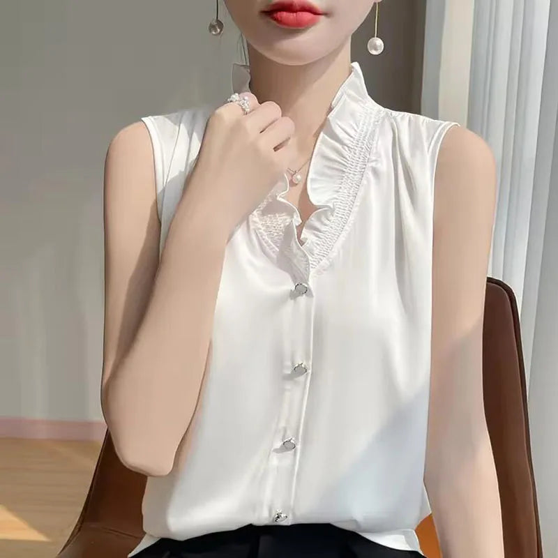 RNSHANGER New Ruffled Women Blouses Casual V-neck Sleeveless Fake-Buckle Korean Top Fashion Basic 3-color Thin Women's Shirt