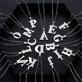 YK Custom Hip Hop Pottery Diamond 26 Letters Pendant Necklace Women Stainless Steel Clavicle Chain Necklace