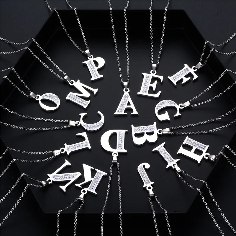 YK Custom Hip Hop Pottery Diamond 26 Letters Pendant Necklace Women Stainless Steel Clavicle Chain Necklace