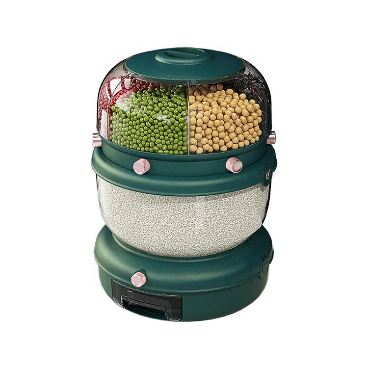Light Luxury Double Layer sealed Cereal Rice Dispenser 6 Grid Rotating for Kitchen Storage Containers