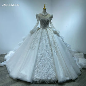 Luxury Wedding Dress Lace Sequins Appliques Crystal Beads Long Sleeves Court Train Princess Bridal Gowns New WM18