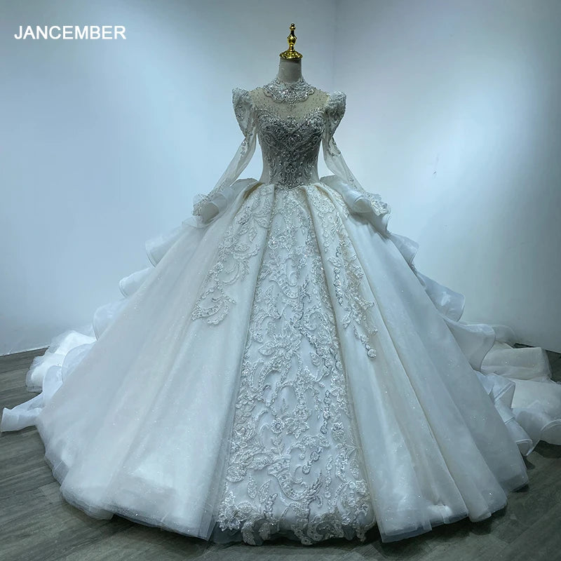 Luxury Wedding Dress Lace Sequins Appliques Crystal Beads Long Sleeves Court Train Princess Bridal Gowns New WM18