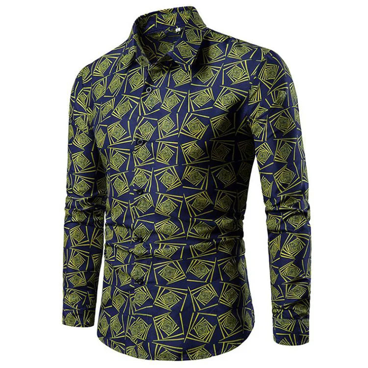 Fashion Print Men Shirts Casual Long Sleeve Plaid Printed Male Shirt Top Hip Hop Slim Turn-down Collar Shirts