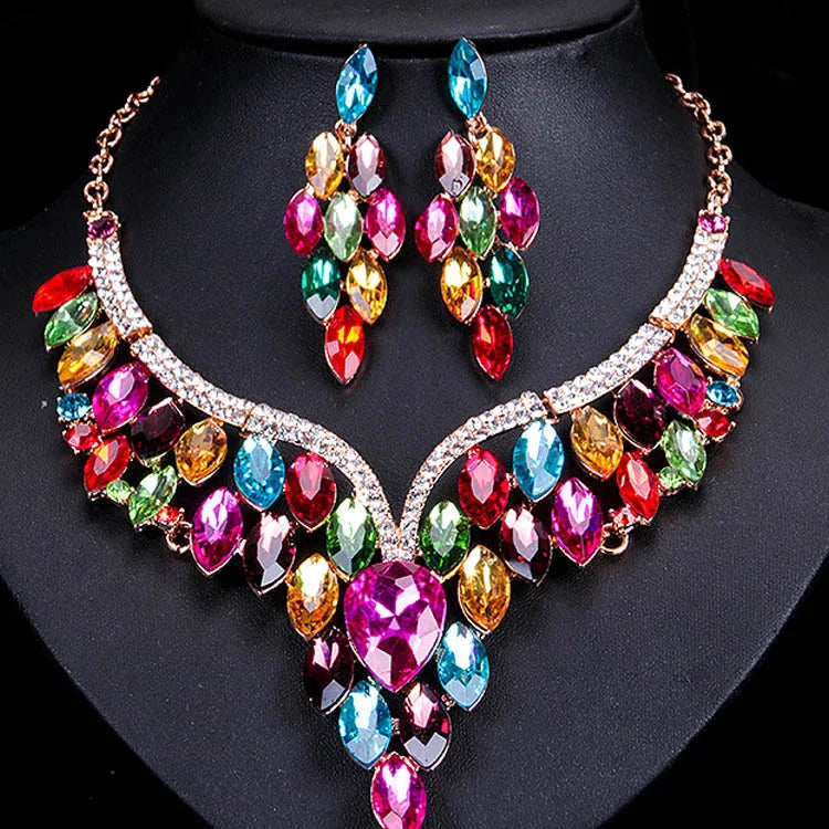 Jachon New Necklace and Earrings Jewelry Set Rhinestone Choker Necklace Banquet Bridal Set for Women and Girls