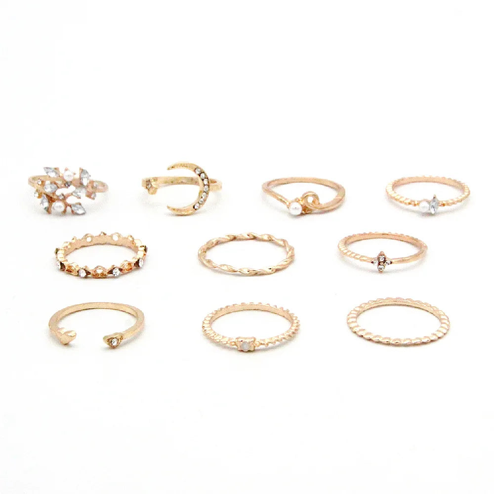10 Pcs/set Finger Ring Jewelry Zircon Moon Star Round Beads Hollow Opening Knuckle Rings Set