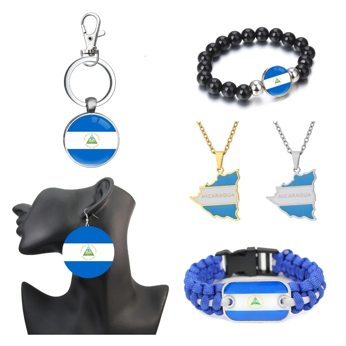 Nicaragua Flag Charm Pendant Key Chain Tie Clip Necklace Bracelet Earrings-Inspired Jewelry Set for Wedding and Party