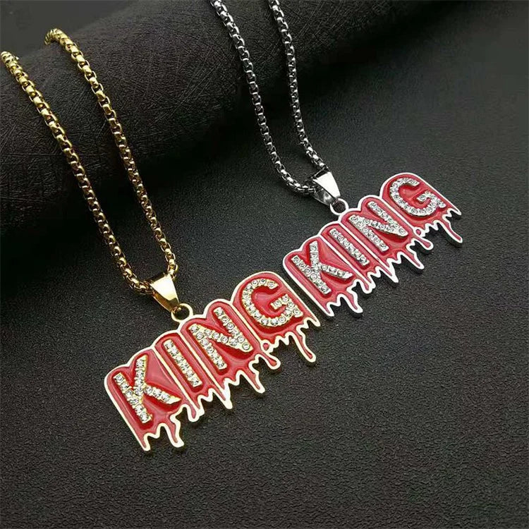 Waterproof Hiphop Jewelry Crystal Rhinestone Stainless Steel Custom Letter Link Chain Anniversary Necklace Pendant