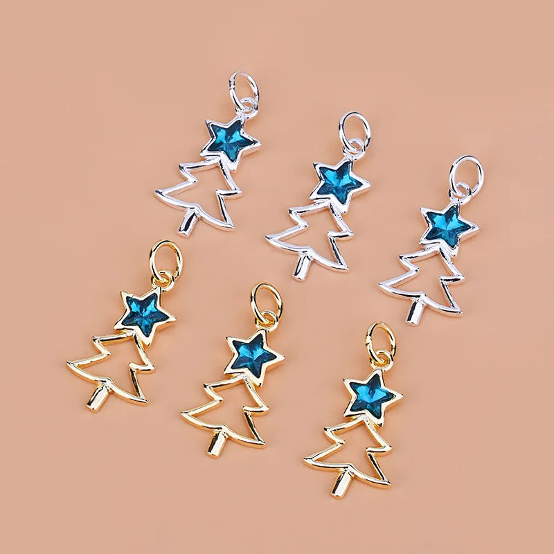 10.5mm Green Zircon Star Christmas Tree Charm 925 Sterling Silver Star Christmas Tree Pendant for Jewelry Making Supplies