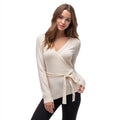 Women's Merino Wool Wrap Sweater Casual Korean Style Cardigan Adjustable Waist Tie Breathable Cable Knit Button Winter