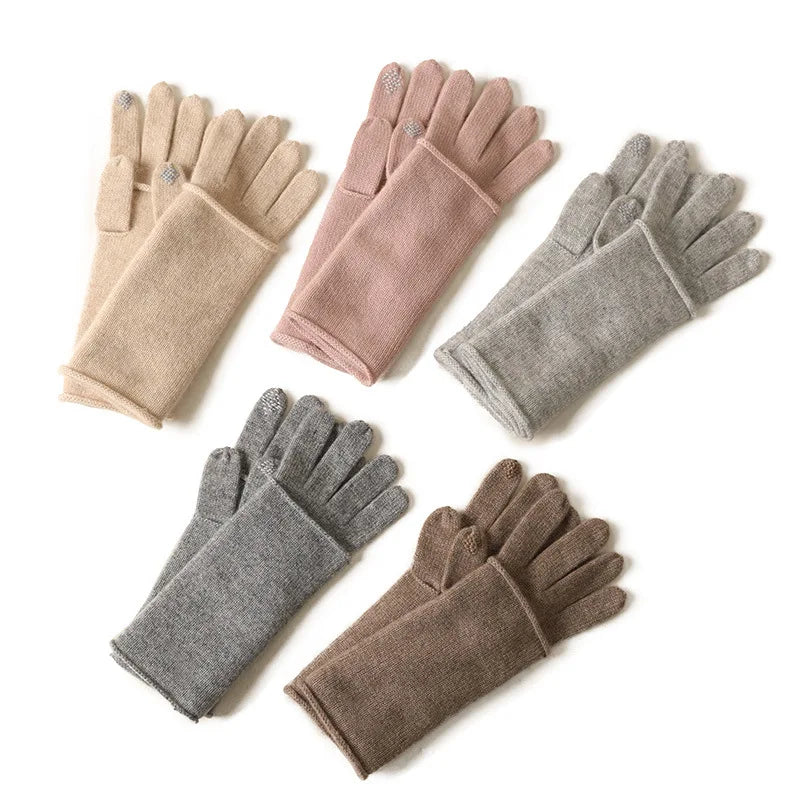 Touch Screen Knitted Wrist-Length Cashmere Gloves with Custom Logo Double Layer Warm Winter Hand Warmers for Women