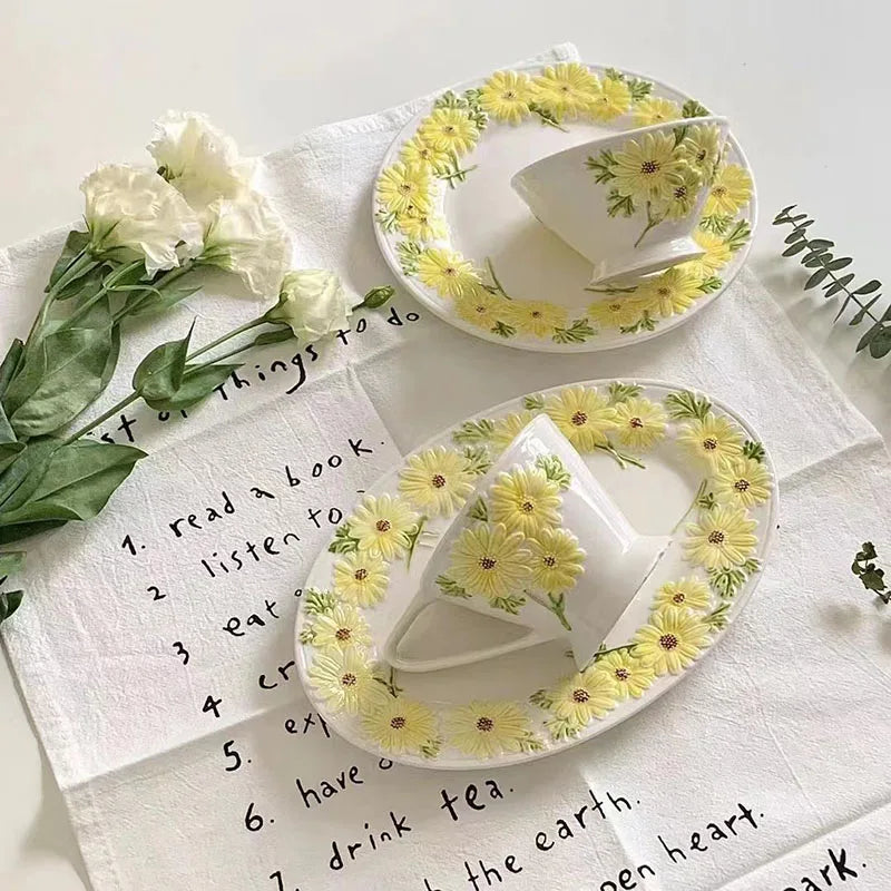 Solhui Ins Daisy Under Glaze Steak Plate Faience Home Salad Bowl Food Ceramic Cup Tableware Set Dessert Dinner Set Dinnerware