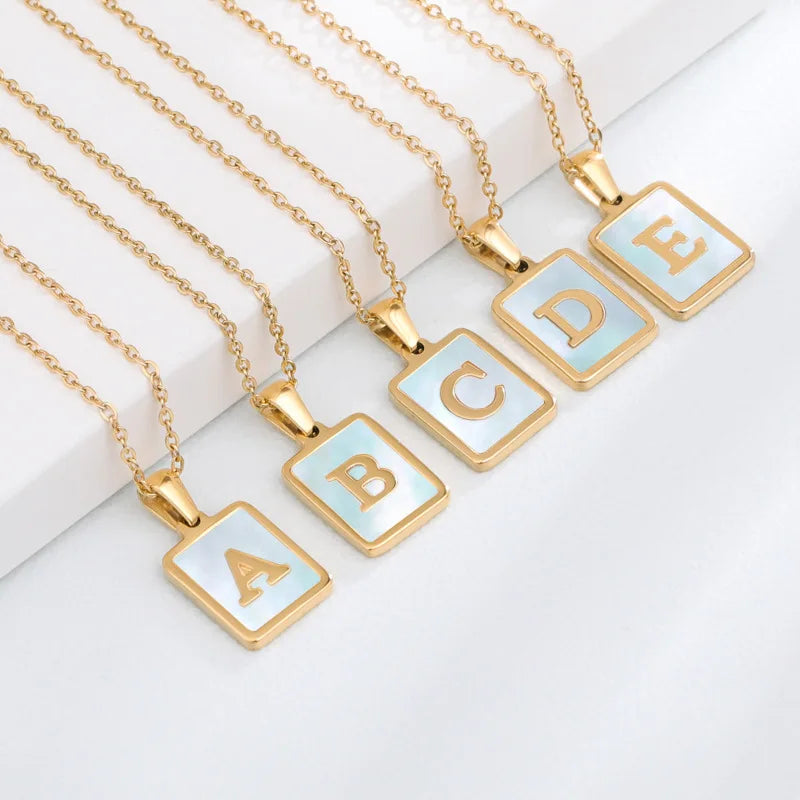 Custom 26 Letters 18K Gold Color Initial Alphabet Stainless Steel Necklace White Mother of Pearl Square Shell Pendant Necklace
