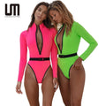 Custom Logo Sexy Zipper Sports One Piece Swimsuit Women's High Cut Bathing Suit Long Sleeves Quick Dry Plus Size Tie