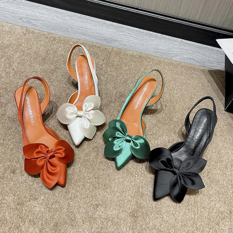 Satin Bow Sandals Half Shoes Women's  High Heel Shoes 158