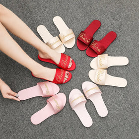 Customized LOGO Red Women's Wedding Bridesmaid Satin Outdoor Slippers with Height Increasing Feature