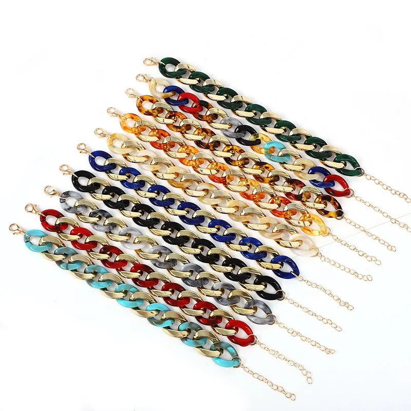 Gold Plated Retro Colorful Resin Chain Linked Chunky Acrylic Open Plastic Bracelet for Wedding Anniversary or Party Gift