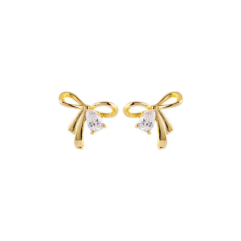 Wholesale Hot Sale 925 Sterling Silver Fine Jewelry Earrings Cubic Zirconia Gold Plated Ribbon Bowknot Stud Earring for Women