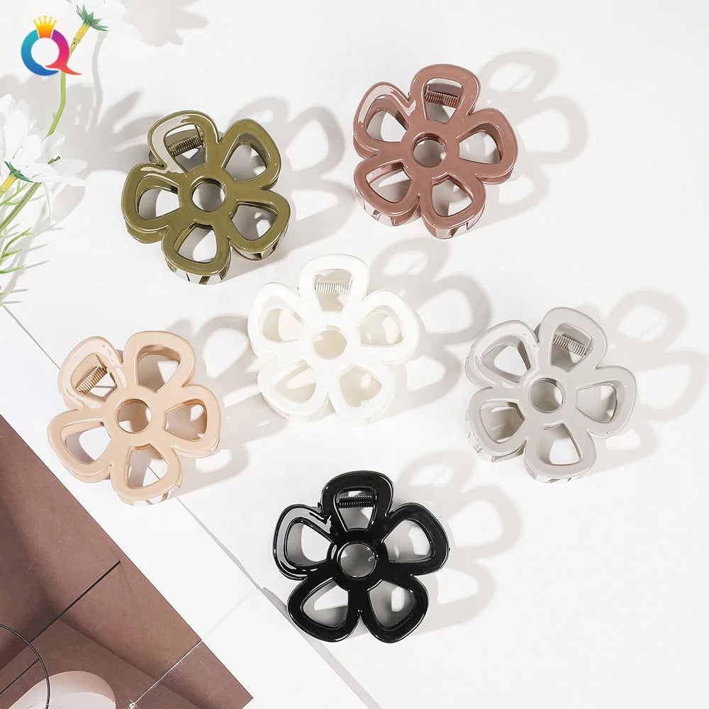 QIYUE Five-Petaled Flower Shape Hollow Hair Claw Clip 25 Color Plastic Clips for Women & Girls Daily Use