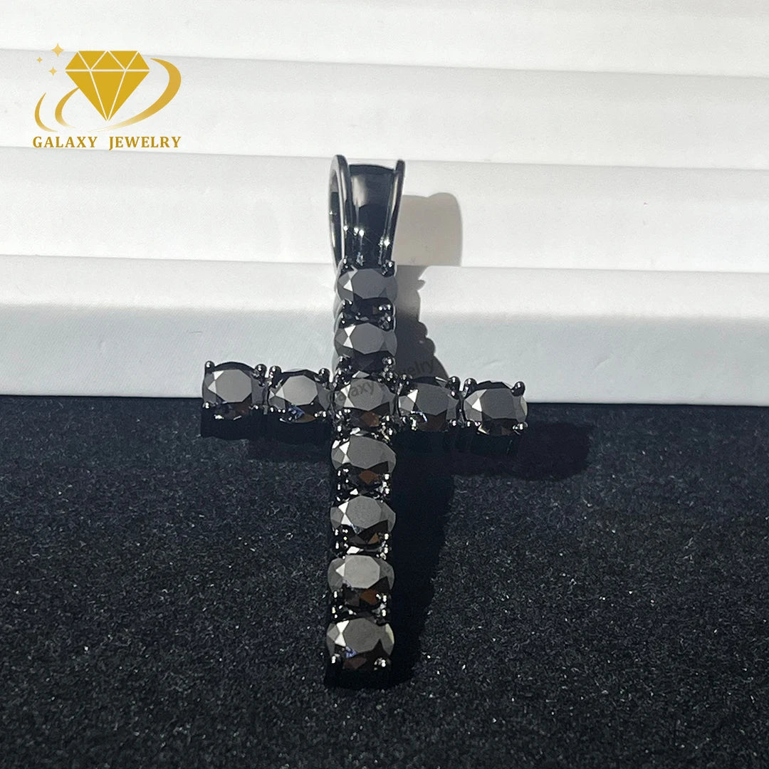 Hip Hop Sterling Cross Pendants Jesus Moissanite Diamond Vvs 925 Silver with Black Plated 5MM Black Moissanite Cross Pendant