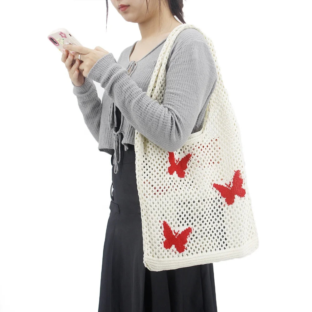 Summer New Design Mesh Beach Bag for Women Hobo Knitted Shoulder Tote Two Handles Open Portable Daily Shopping Bag Lady Fashion