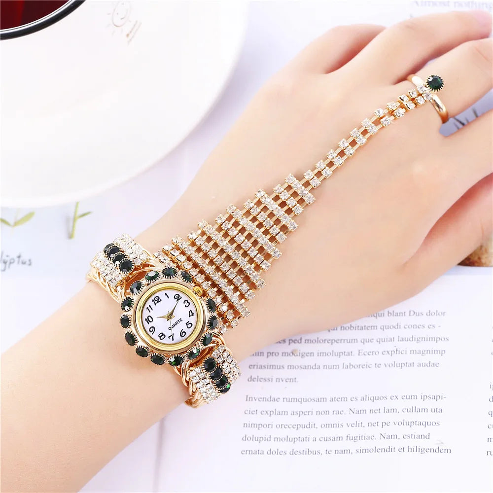 Fashionable Women Full Diamond Claw Ring Bangle Set Quartz Watch Lady Wrist Watch Luxury Rhinestone Watch (KWT2223)