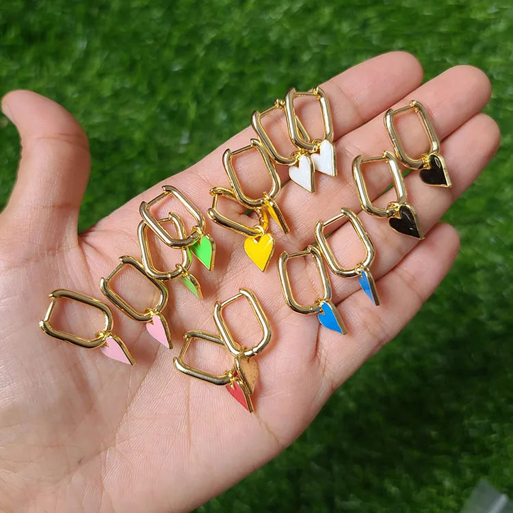 EM1184 Chic Delicate Spring Rainbow Neon Enamel Heart Charm Huggies Earrings for WomenValentines Jewelry Gift