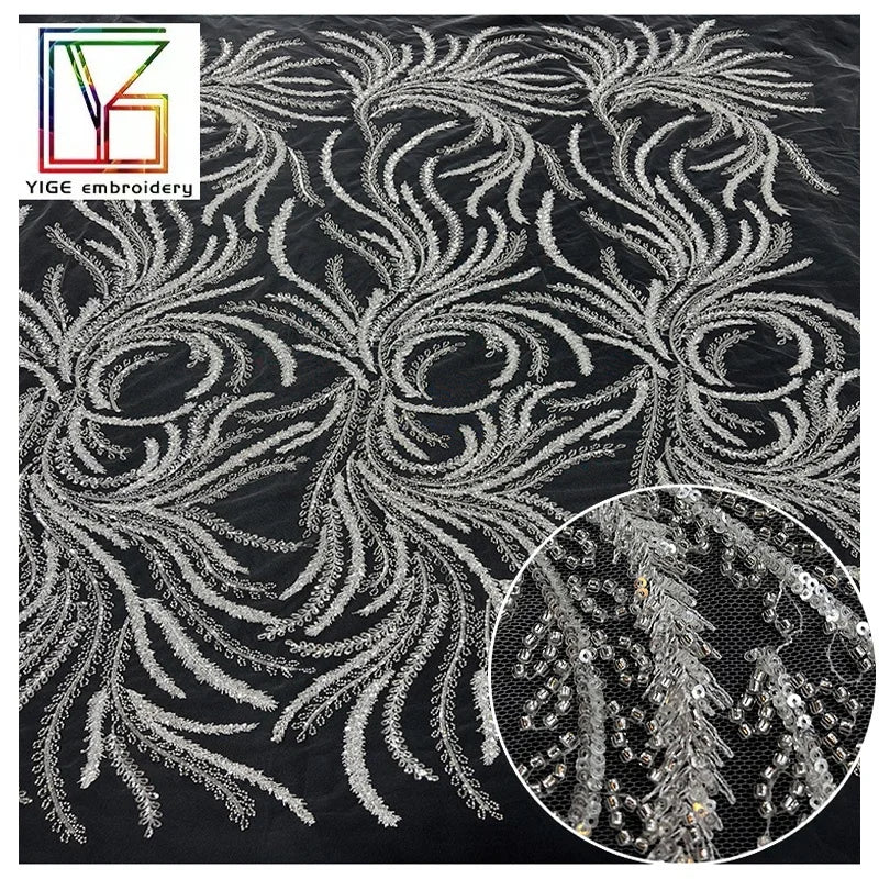 French White Wedding Sequins Embroidery Beaded Mesh Lace Fabric Luxury Women Bridal Dress Sequin Beads Tulle Lace Fabric