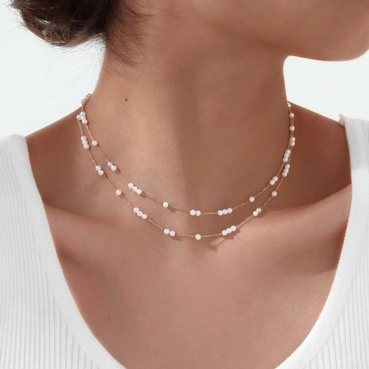 Wholesale Bulk 18K Gold Plated PVD No Fade Double Pearl Chain Stainless Steel Choker Necklace for Women MegaBDM