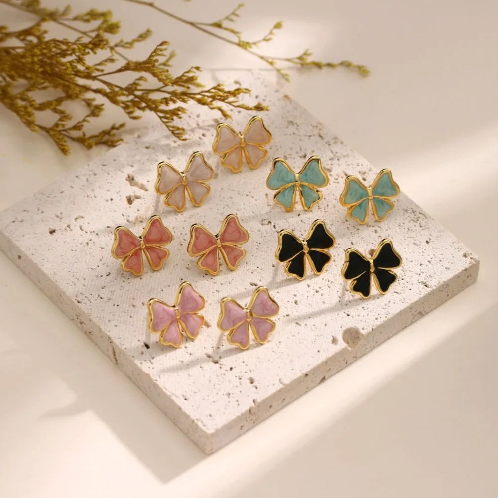 Real Non-Allergic 18K Gold PVD Plated Stainless Steel Earrings Waterproof Multi-Color Cold Enamel Small Bow Knot Stud Earrings