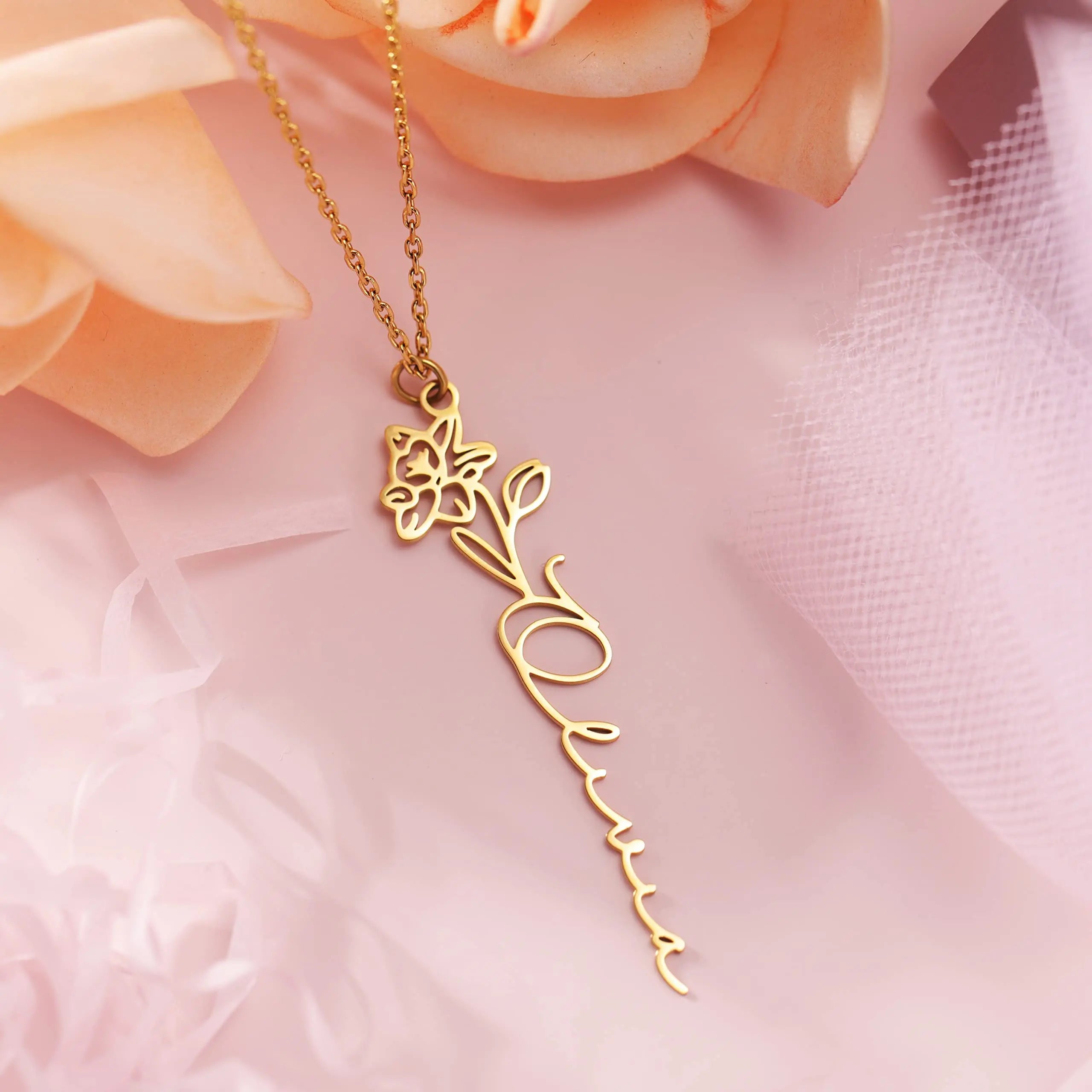 Personalized Custom Birth Flower Necklace 18K Gold Plated Floral Name Stainless Steel Necklace Proposal Gifts for Women