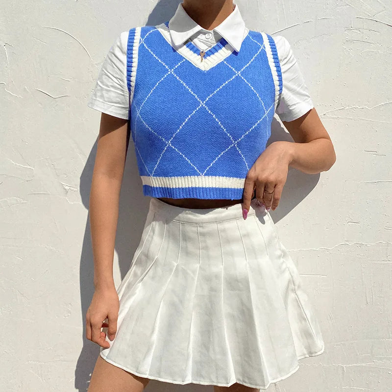 Vintage Cropped Sweater Autumn Sleeveless Knit Pullover Preppy Style Casual Plaid Knitwear Vest