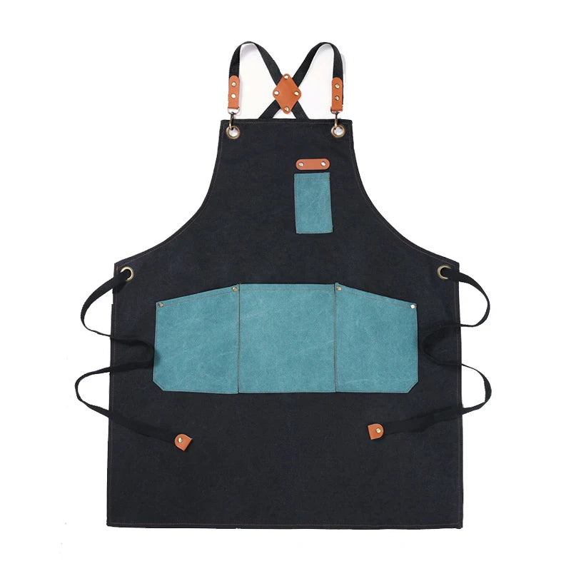 New Design Heavy Duty Thick Canvas Anti Dirty Custom Cross Back Barber Apron Two Tone Canvas Aprons with Multifunction Pockets