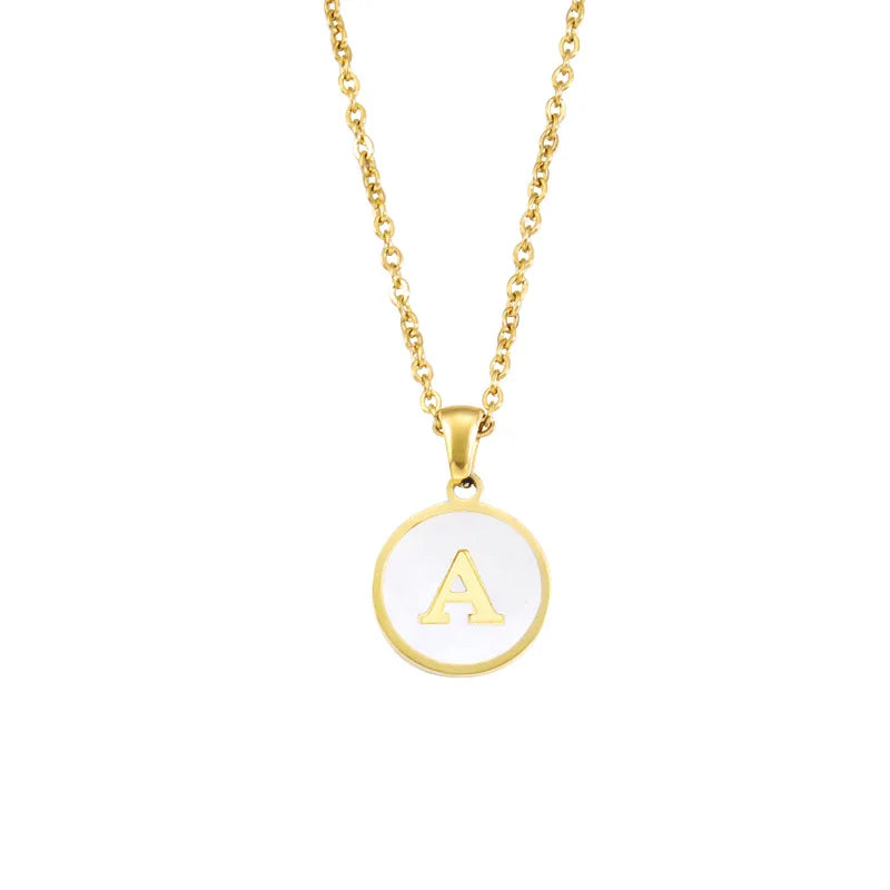FanYue Hot Sale 18K Real Gold Plated Jewelry Round Shell Circle A-Z 26 Letter Initial Pendant Alphabet Necklace Stainless Steel