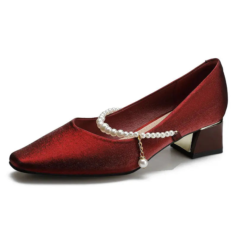 Single Shoes Wedding Shoes  Mary Jane Women's Shoes New Pearl One Word with Thick Heel High Heels Red