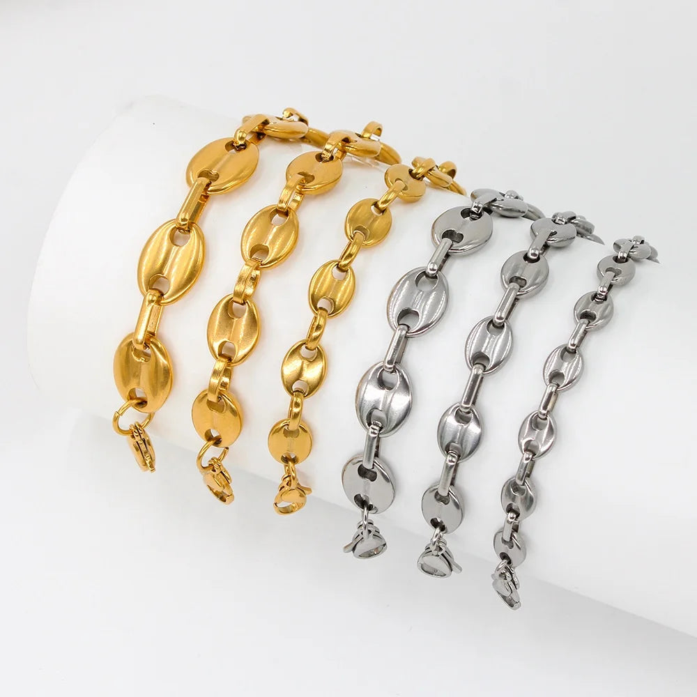 Wholesale Fashion Jewelry 18K Gold Plated Stainless Steel Coffee Bean Pig Nose Puff Mariner Chain Bracelet for Women and Men