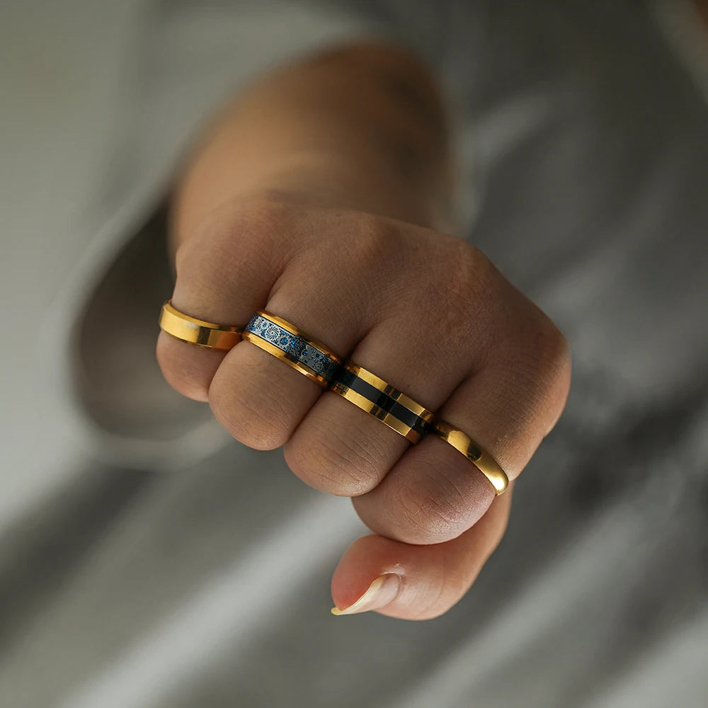 4pcs Trendy Classic Male Finger Rings Simple Black Drip Oil Gear Pattern Stainless Steel Jewelry Ring Set Bulk Wholesale
