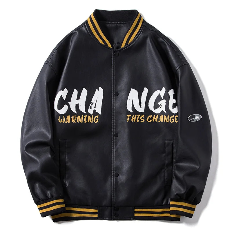 2021 Men's Casual PU Leather Baseball Varsity Jacket Fashionable Stand Collar Motorcycle Jacket