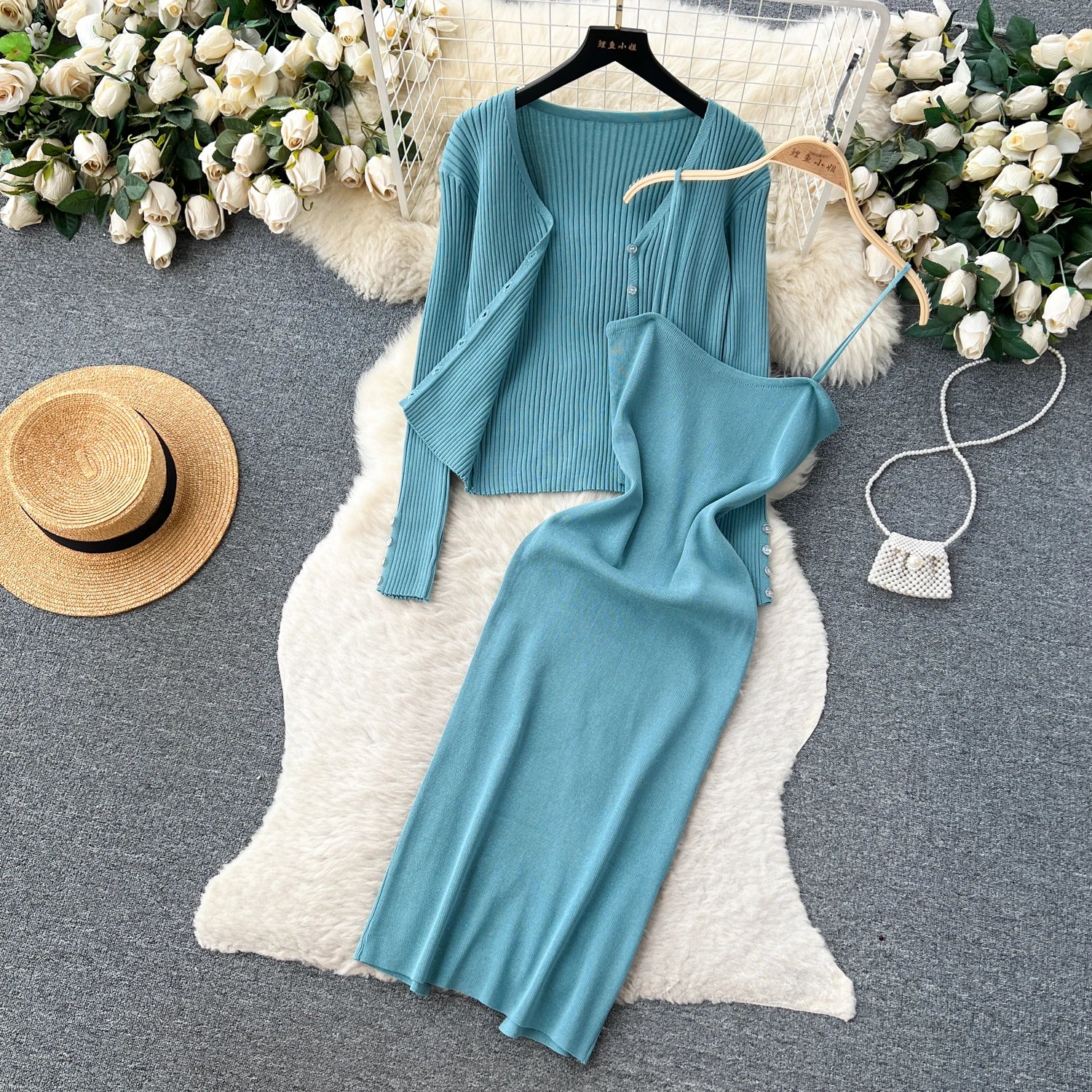 Summer Romantic 2 Piece Set for Women Sleeveless Top and Slim Knitted Dress Set Ropa Wholesale