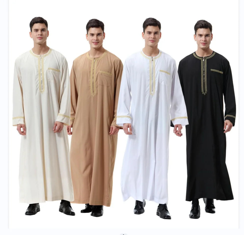 2026 Middle East Men Muslim Thobe Robe Embroidered Long Sleeve Kaftan Multi Islamic Eid Prayer Arab Abaya Factory Wholesale