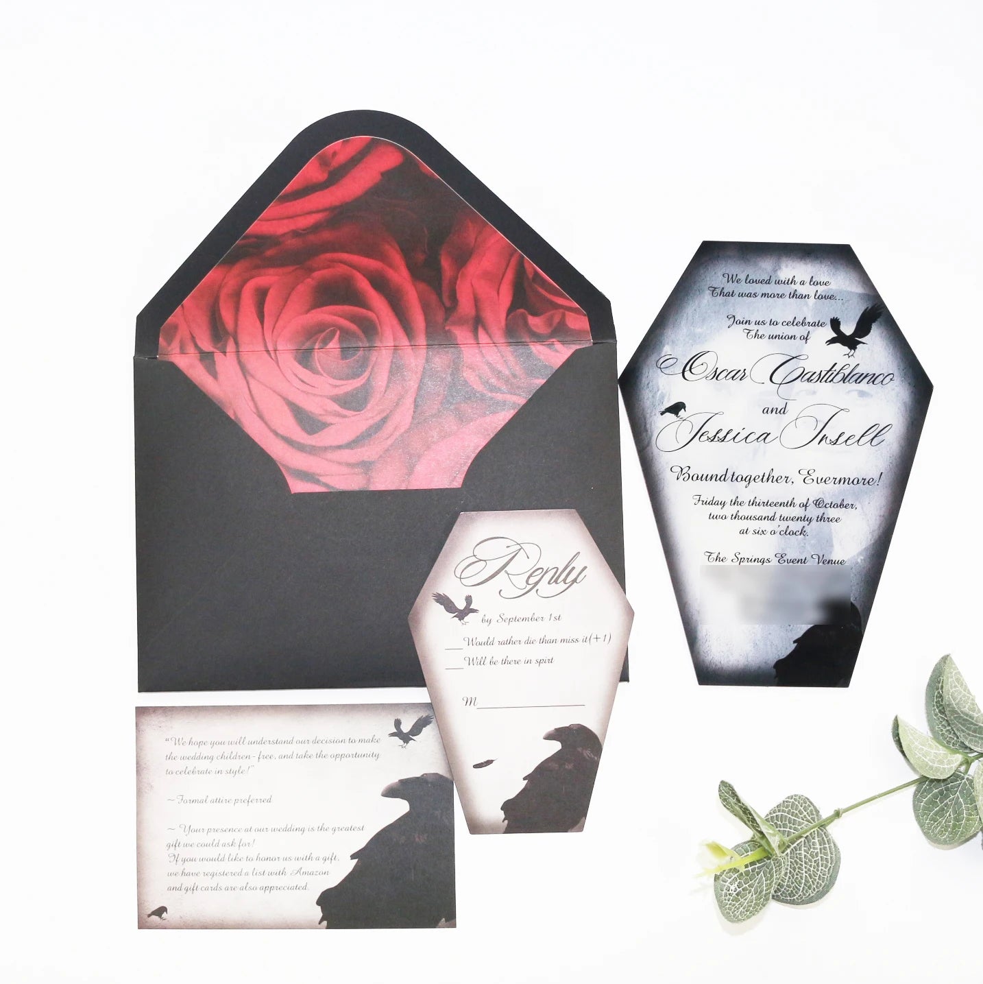 Unique Gothic Wedding Invitation Coffin Shape UV Printing Acrylic Main Card with RSVP and Red Rose Liner Envelope