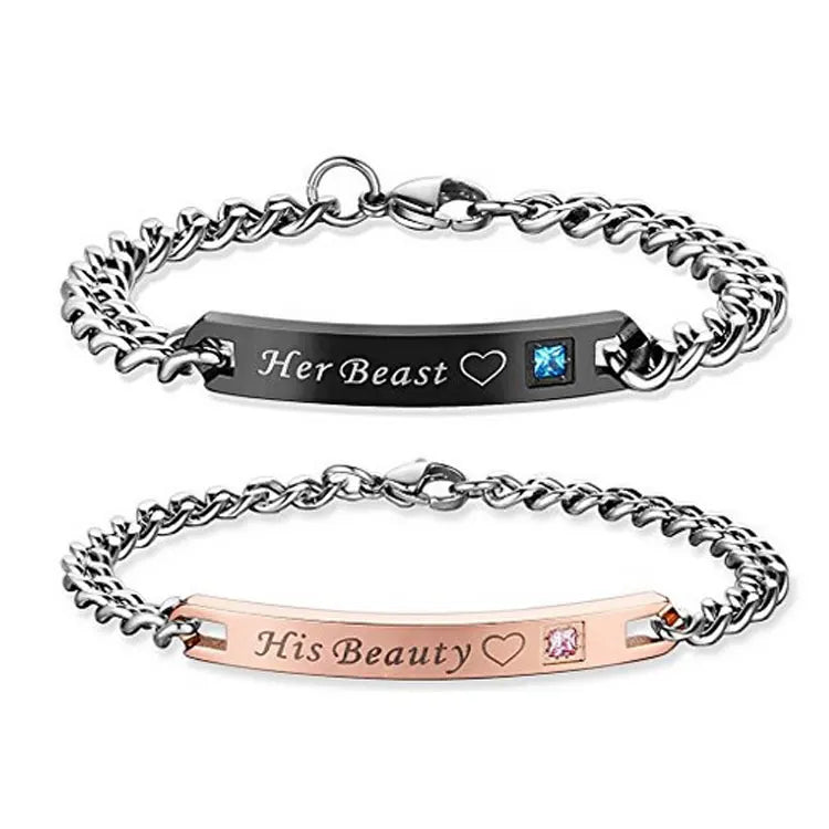Wholesale Silver Cuban Link Bracelets Bangles Personalized Engraved Beauty Beast Couple Bracelet Jewelry Gifts for Lovers