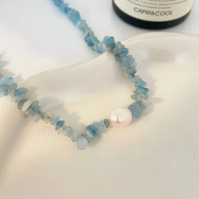 Instagram Wind Sea Blue Gravel Pearl Necklace Joyas De Acero Inoxidable Titanium Steel Non Fading Necklace Jewelry