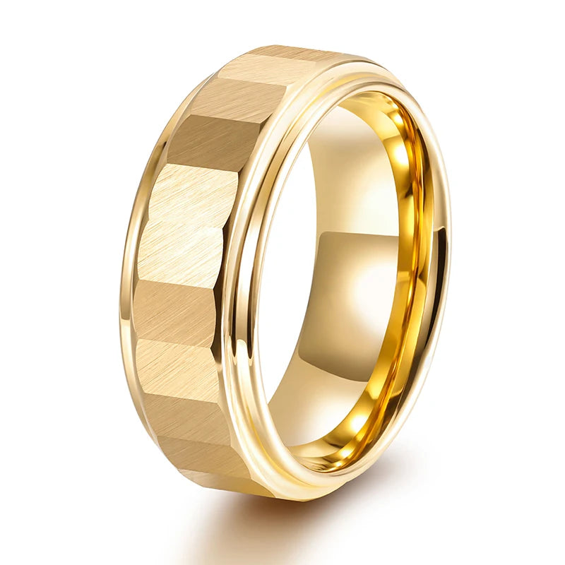 OLAN Fashion Male Jewelry 8mm Gold Plated Hammered Tungsten Carbide Rings for Men Wedding Engagement