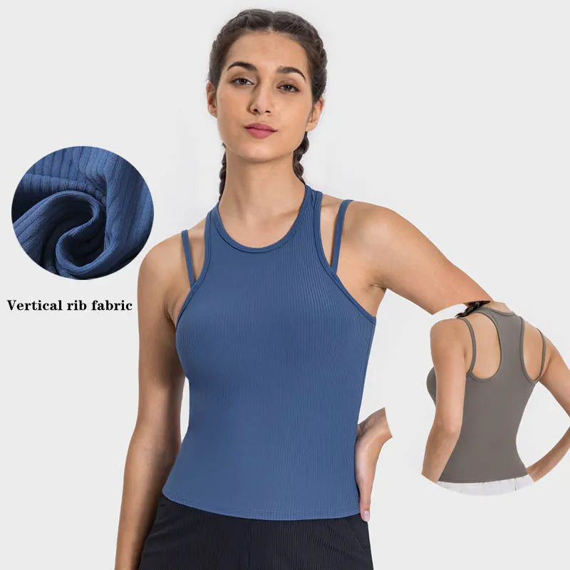 SHINBENE Womens Ribbed Workout Tank Tops Four Way Stretch Gym Athletic Fitness Vest