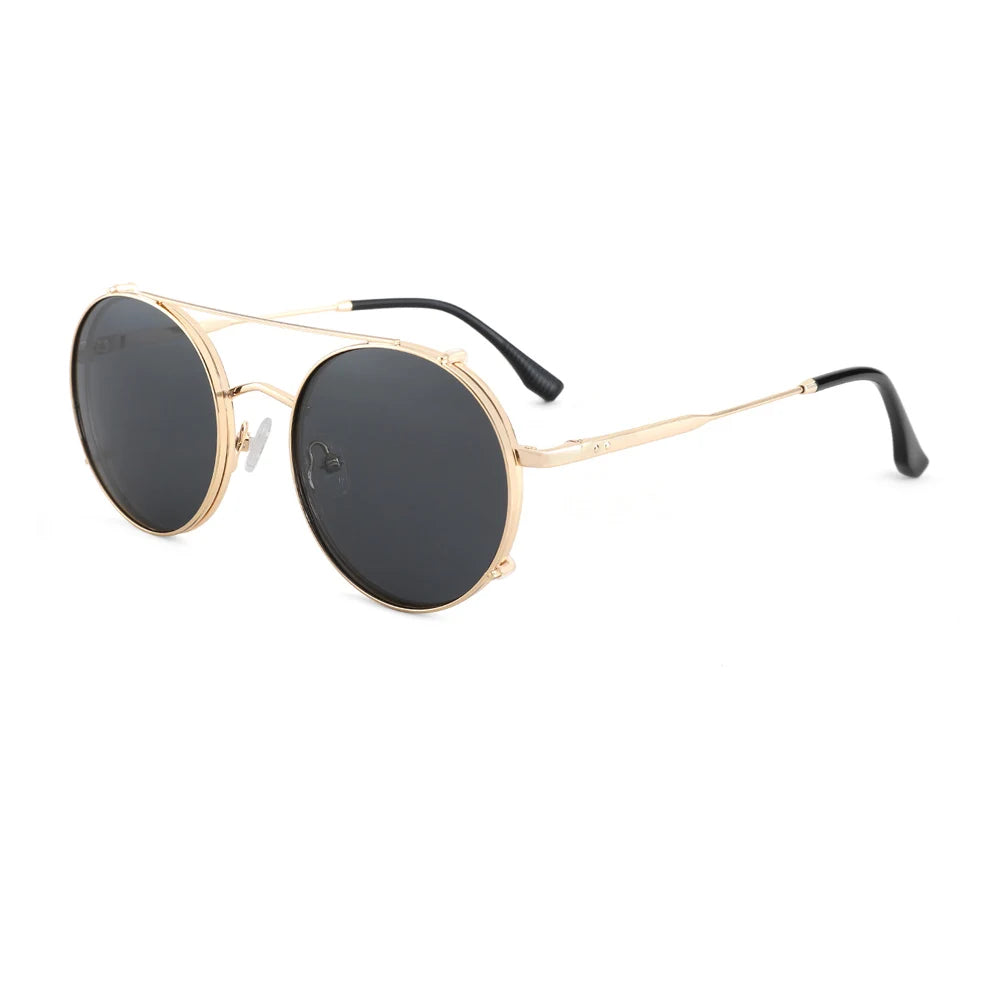 FEROCE Women and Men Fashionable Double Bridge Round Polarized UV400 Custom Logo Vintage Metal Frame Sunglasses Clip on Eyewear