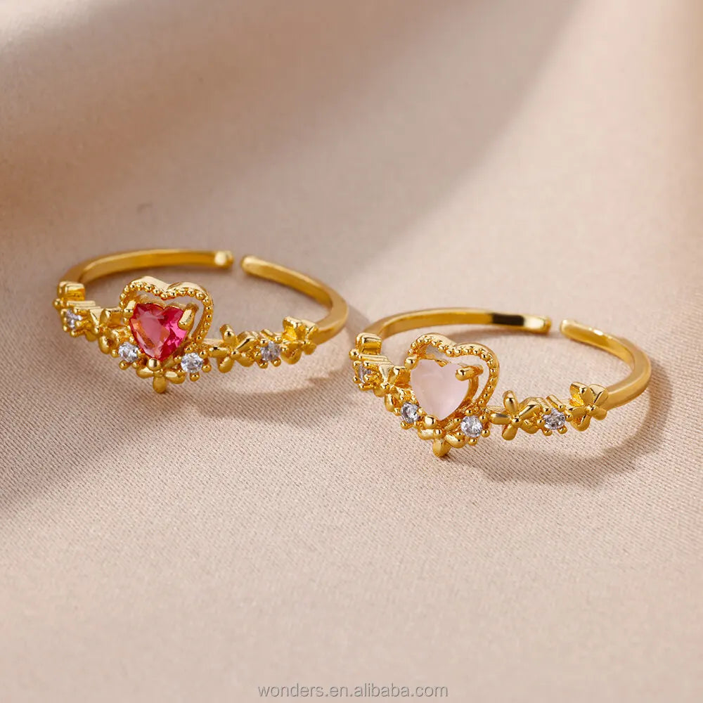 YWXS Wholesale Cubic Zirconia Pink Red Heart Rings Cz Crystal Fairy Teen Girls Women Ring Daily Wear Jewelry Accessories Women