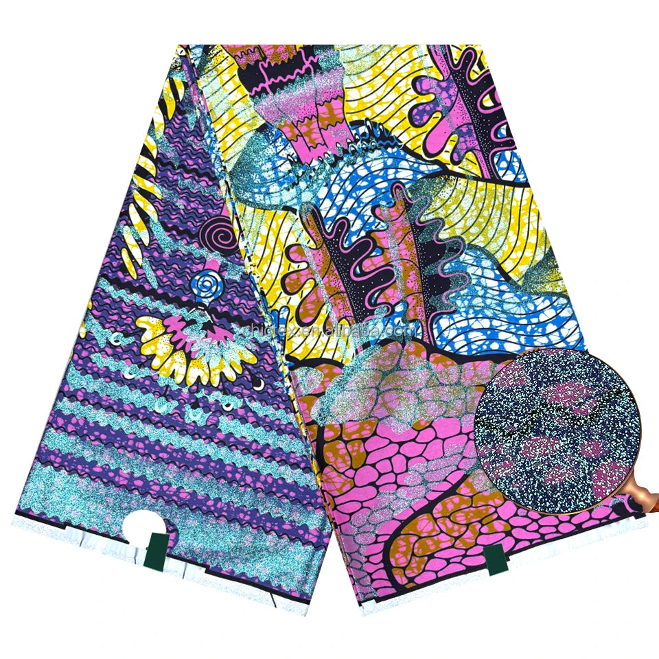 100% Cotton New Durable Holland African Wax Print Combed Organic Woven Super Golden Grand Glitter Wax Fabric for Party Dress