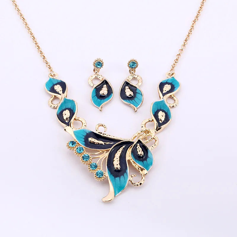 New Arrival 2pcs Fashion 18k Gold Zircon Banquet Butterfly Flower Necklace Earring Jewelry Sets St