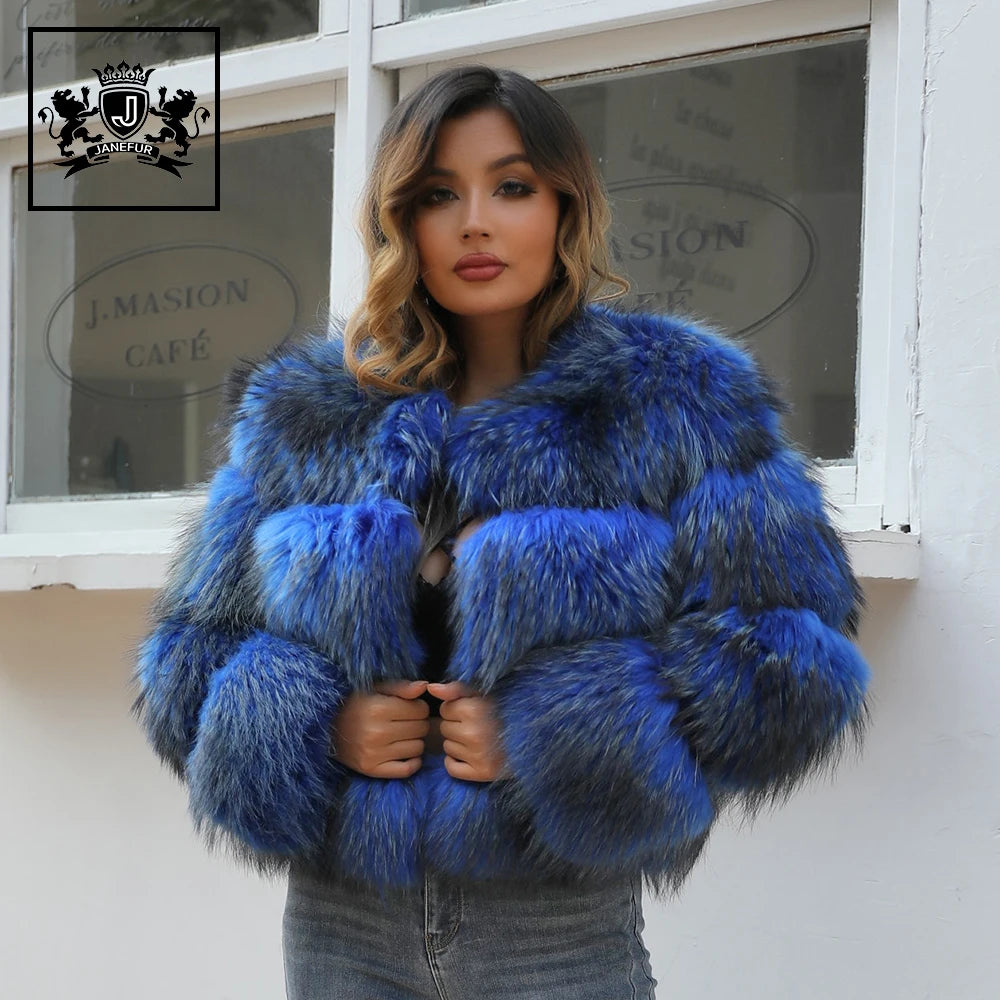 2022 Wholesale Fluffy Fur Fox Coat Custom Color Real Raccoon Cropped Fur Coat